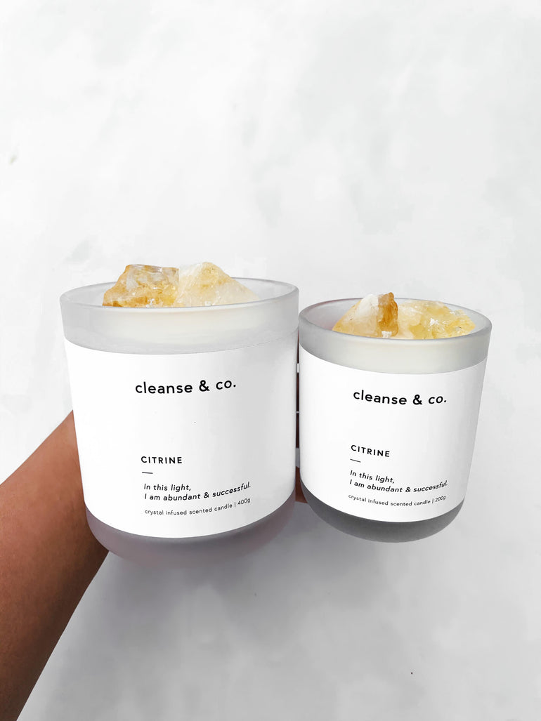 Cleanse & Co. Citrine Abundant & Successful Intention Candle. 400G and 200G Vegan-Friendly Soy and Coconut Wax.