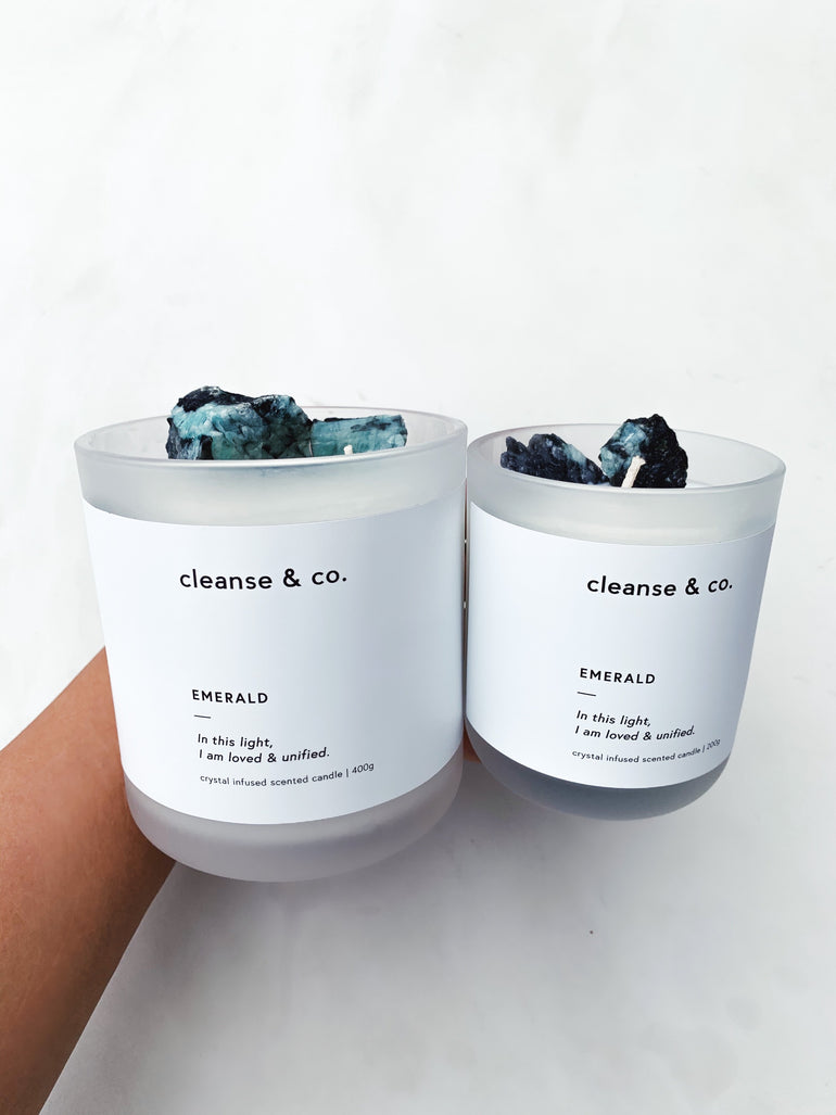 Cleanse & Co. Emerald Loved & Unified Intention Candle. 400G and 200G Vegan-Friendly Soy and Coconut Wax.