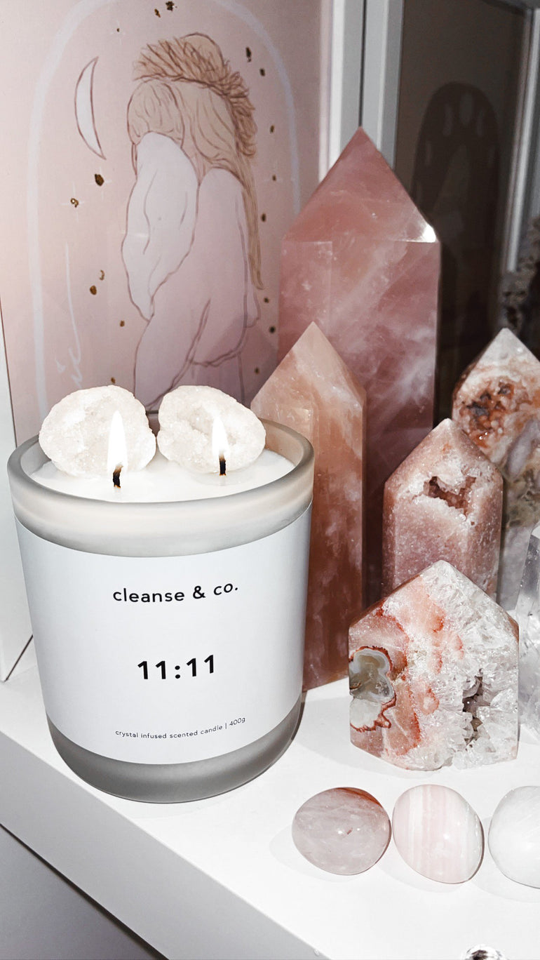 11:11 Make A Wish – Crystal Infused Candle 400G Soy Wax. Clear Quartz Geode Candle.