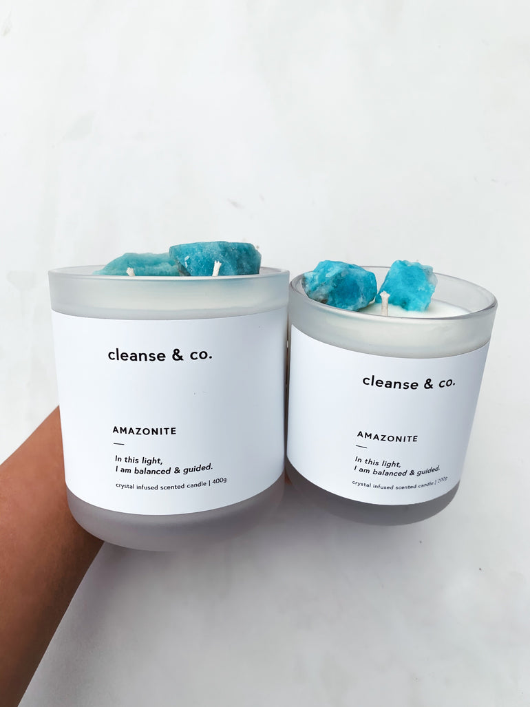Cleanse & Co. Amazonite Balanced & Guided Intention Candle. 400G and 200G Vegan-Friendly Soy and Coconut Wax.