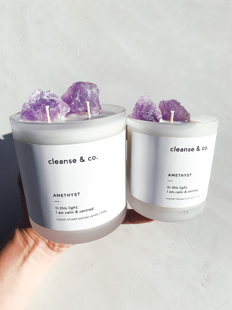 Cleanse & Co. Amethyst Calm & Centred Intention Candle. 400G and 200G Vegan-Friendly Soy and Coconut Wax.
