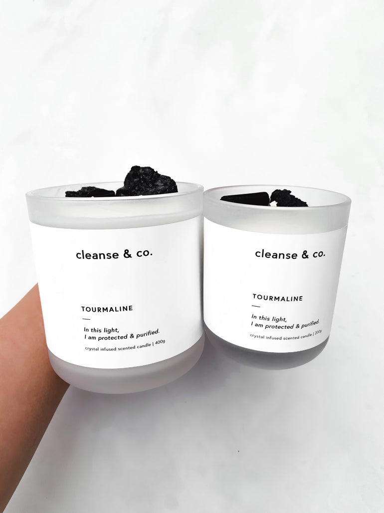 Cleanse & Co. Black Tourmaline Protected & Purified Intention Candle. 400G and 200G Vegan-Friendly Soy and Coconut Wax.