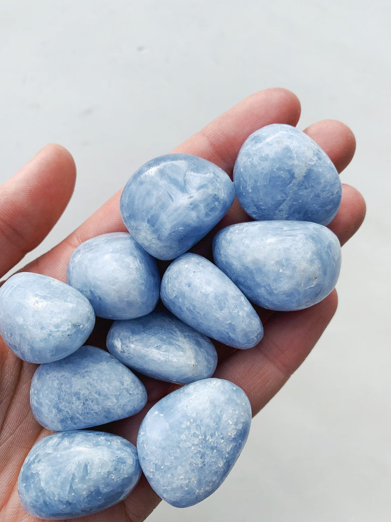 CLEANSE & CO. Blue Calcite. Ethically Sourced Tumbled Crystal.