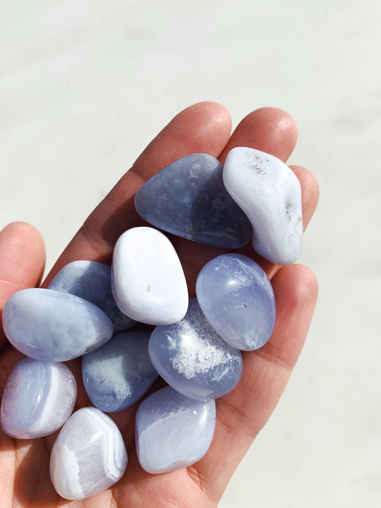 CLEANSE & CO. Blue Chalcedony. Ethically Sourced Tumbled Crystal.
