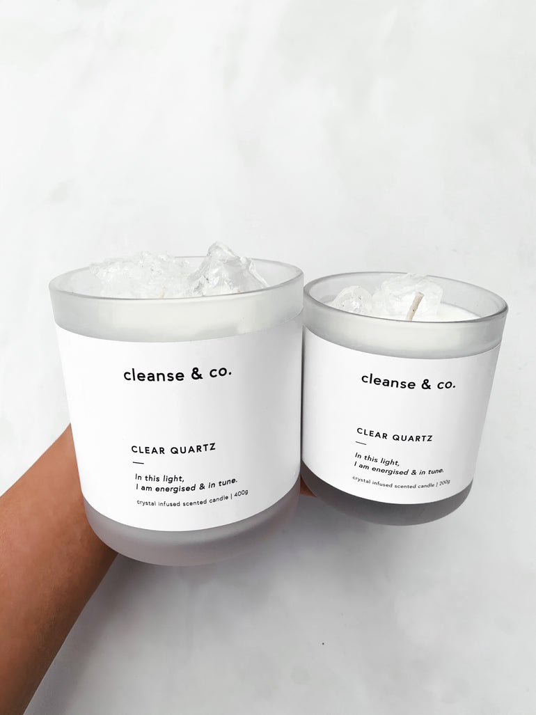 Cleanse & Co. Clear Quartz Energised & In Tune Intention Candle. 400G and 200G Vegan-Friendly Soy and Coconut Wax.