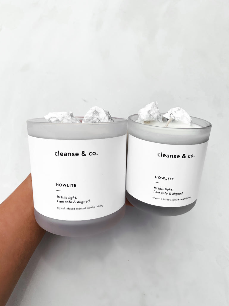 Cleanse & Co. Howlite Safe & Aligned Intention Candle. 400G and 200G Vegan-Friendly Soy and Coconut Wax.