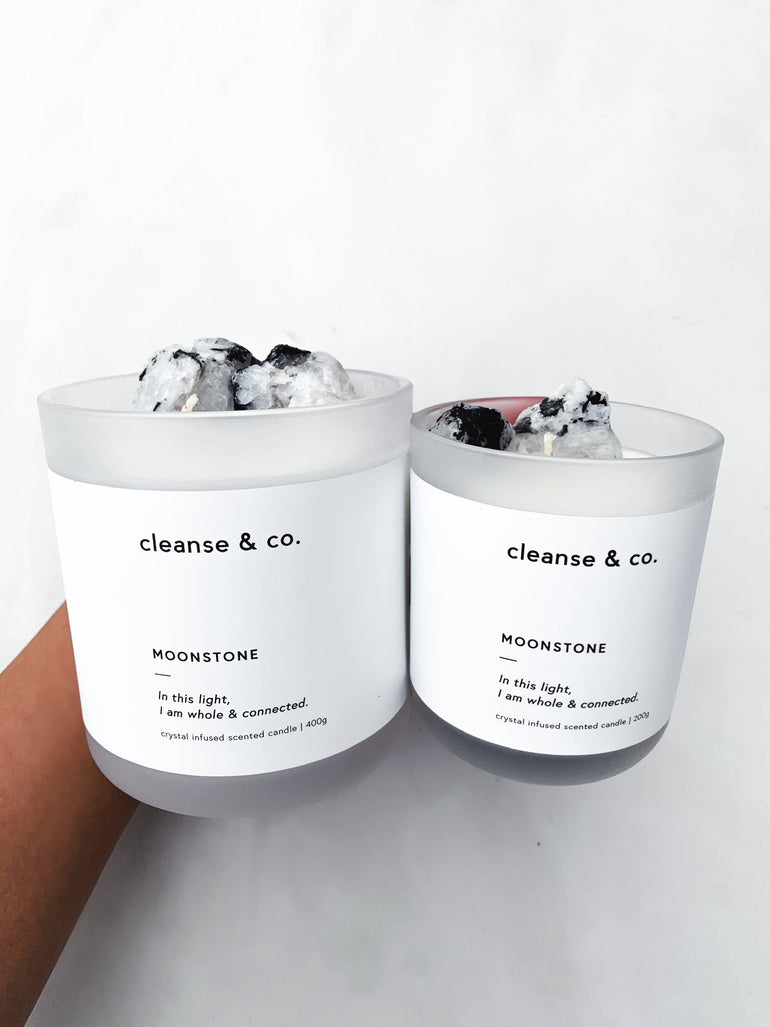 Cleanse & Co. Moonstone Whole & Connected Intention Candle. 400G and 200G Vegan-Friendly Soy and Coconut Wax.
