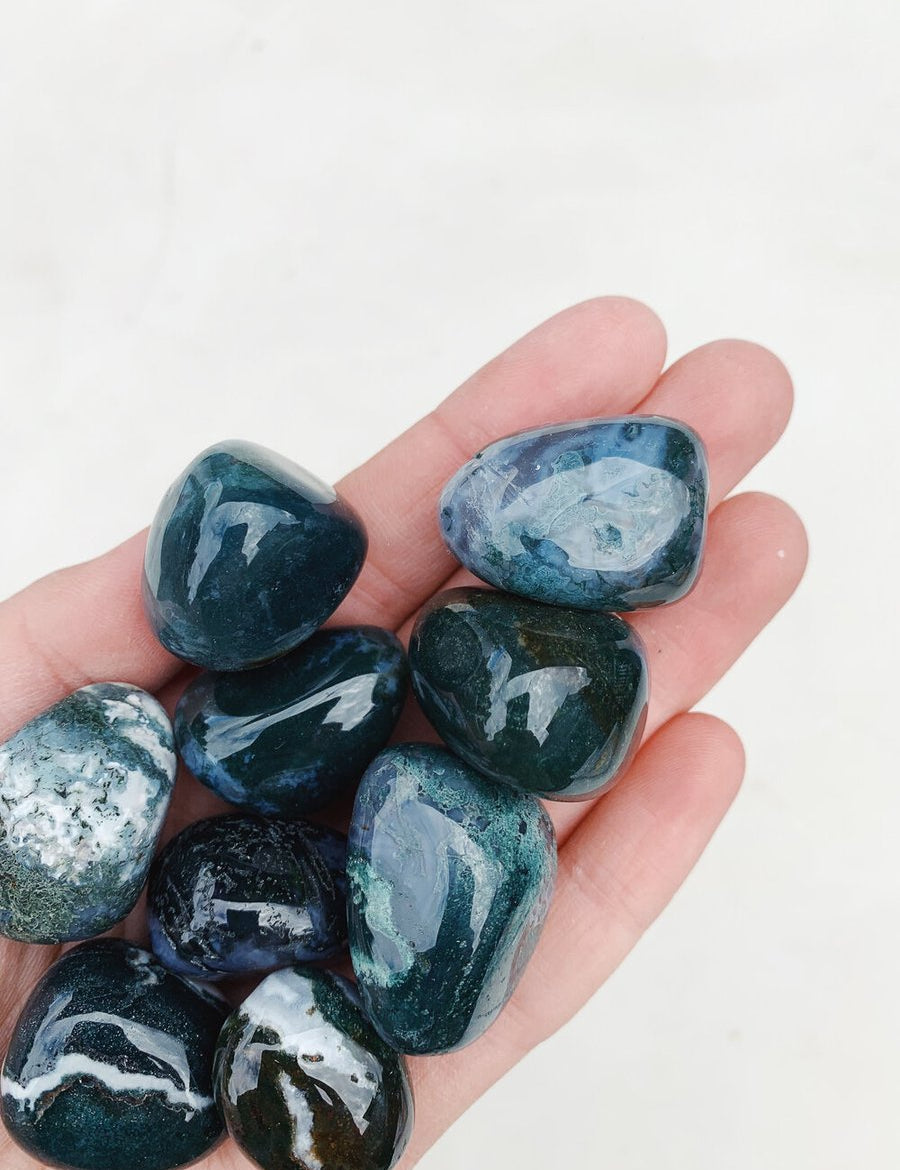 CLEANSE & CO. Moss Agate. Ethically Sourced Tumbled Crystal.