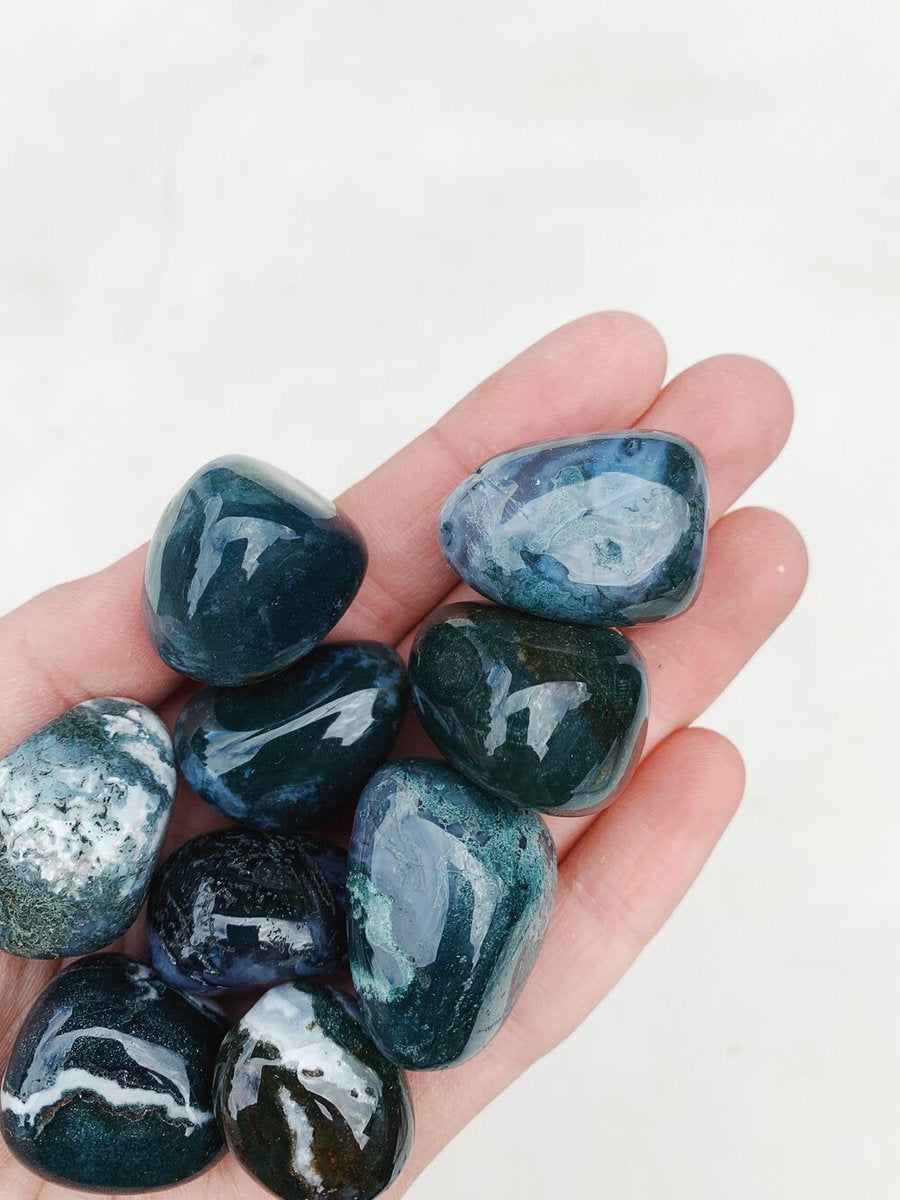 CLEANSE & CO. Moss Agate. Ethically Sourced Tumbled Crystal.