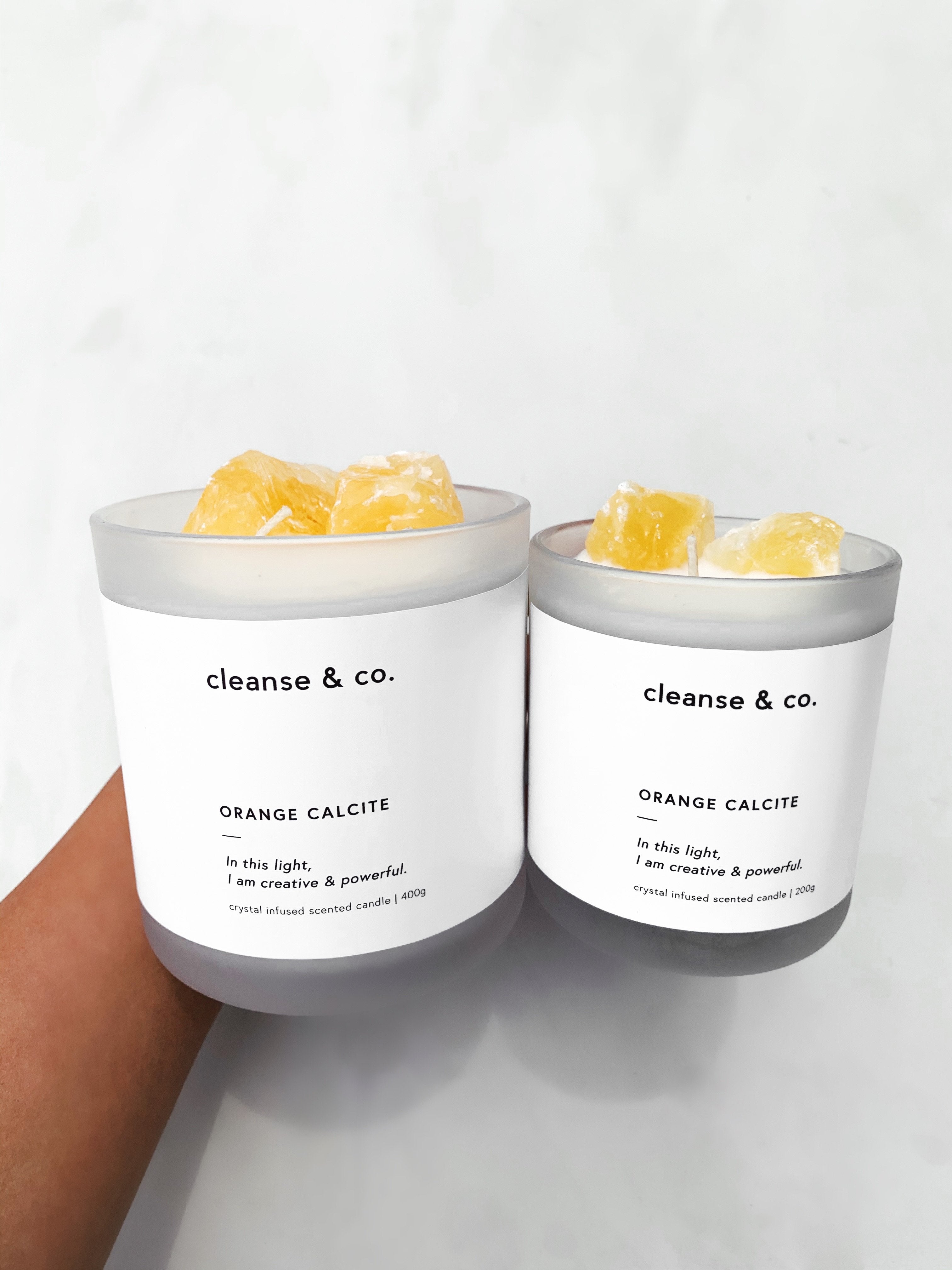 Cleanse & Co. Orange Calcite Creative & Powerful Intention Candle. 400G and 200G Vegan-Friendly Soy and Coconut Wax.