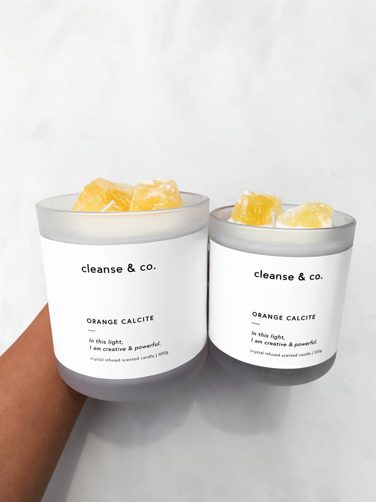 Cleanse & Co. Orange Calcite Creative & Powerful Intention Candle. 400G and 200G Vegan-Friendly Soy and Coconut Wax.