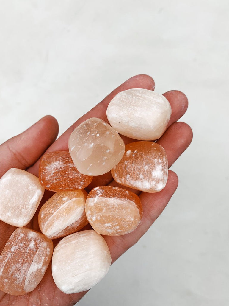 CLEANSE & CO. Peach Selenite. Ethically Sourced Tumbled Crystal.