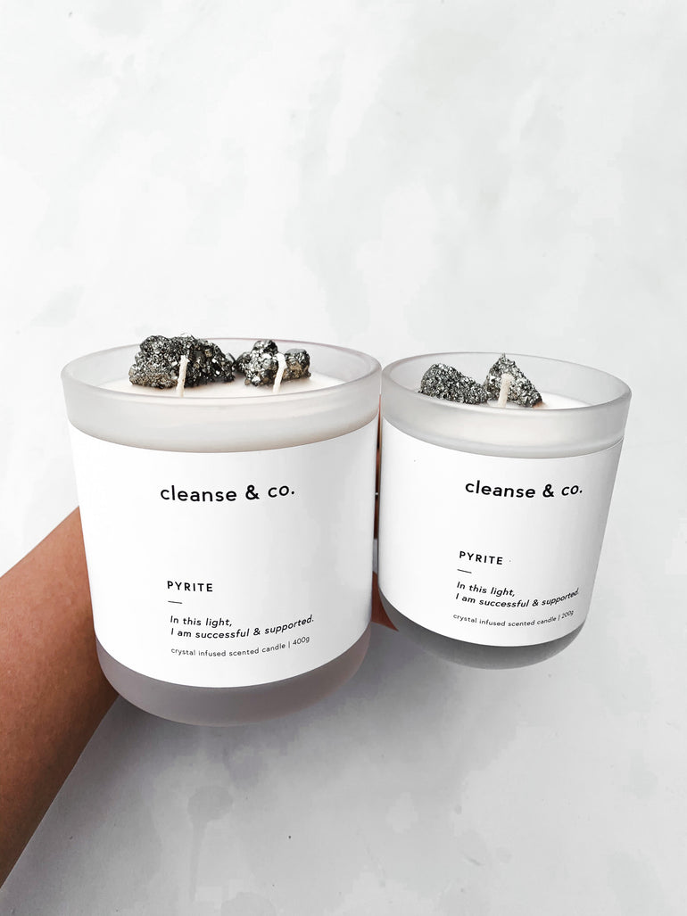 Cleanse & Co. Pyrite Successful & Supported Intention Candle. 400G and 200G Vegan-Friendly Soy and Coconut Wax.