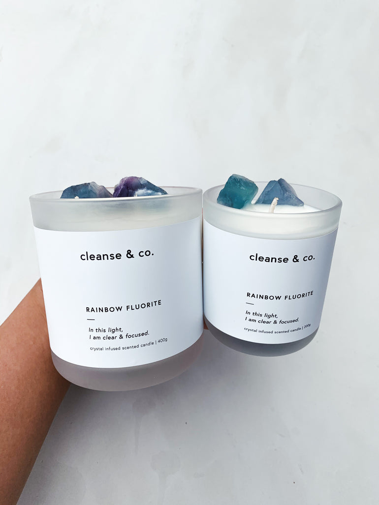 Cleanse & Co. Rainbow Fluorite Clear & Focused Intention Candle. 400G and 200G Vegan-Friendly Soy and Coconut Wax.