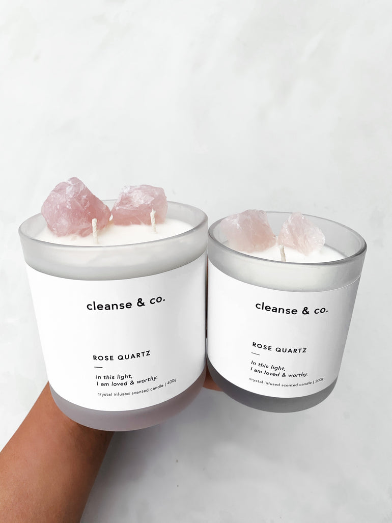 Cleanse & Co. Rose Quartz Loved & Worthy Intention Candle. 400G and 200G Vegan-Friendly Soy and Coconut Wax.