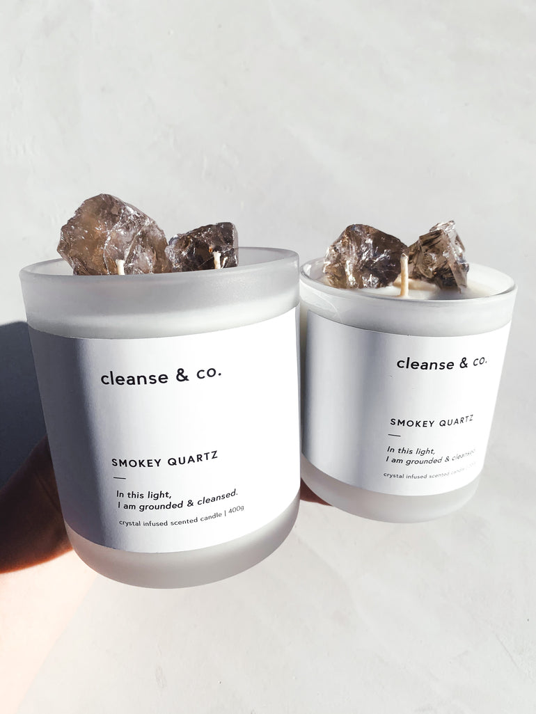 Cleanse & Co. Smokey Quartz Grounded & Cleansed Intention Candle. 400G and 200G Vegan-Friendly Soy and Coconut Wax.