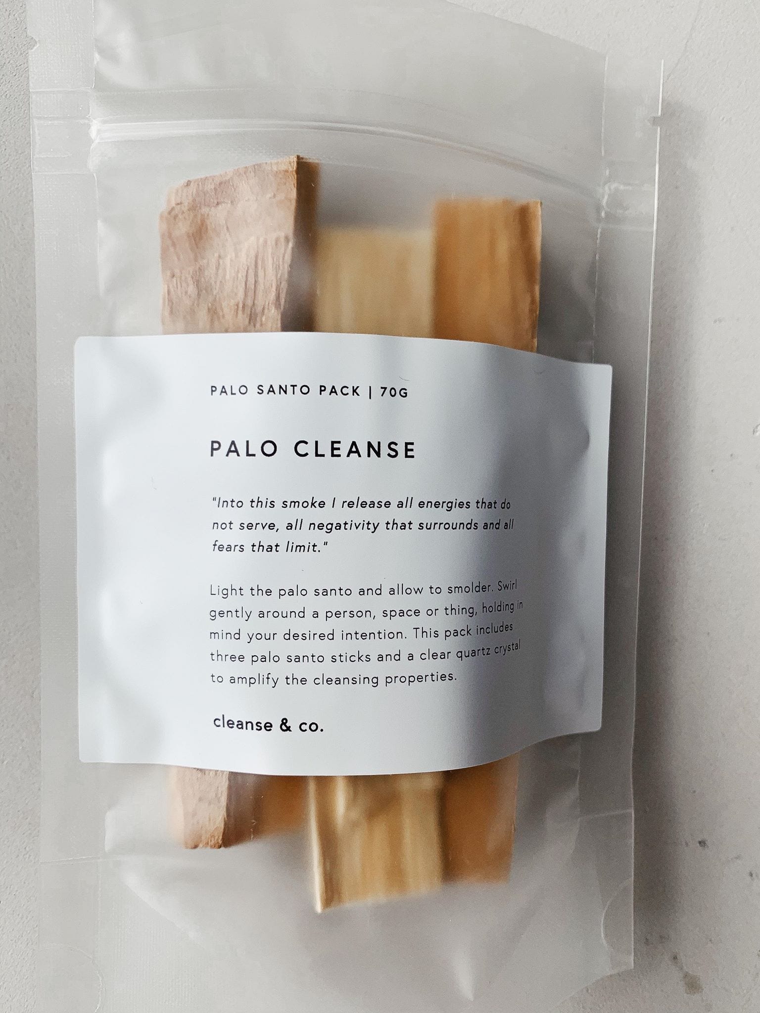 Palo Santo Wood with Clear Quartz (3 piece) cleansing, Self & Home cleanse and co.